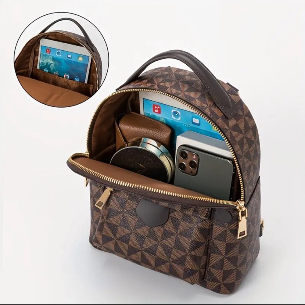 Brown Retro Geometric Pattern Structured Backpack - image 5